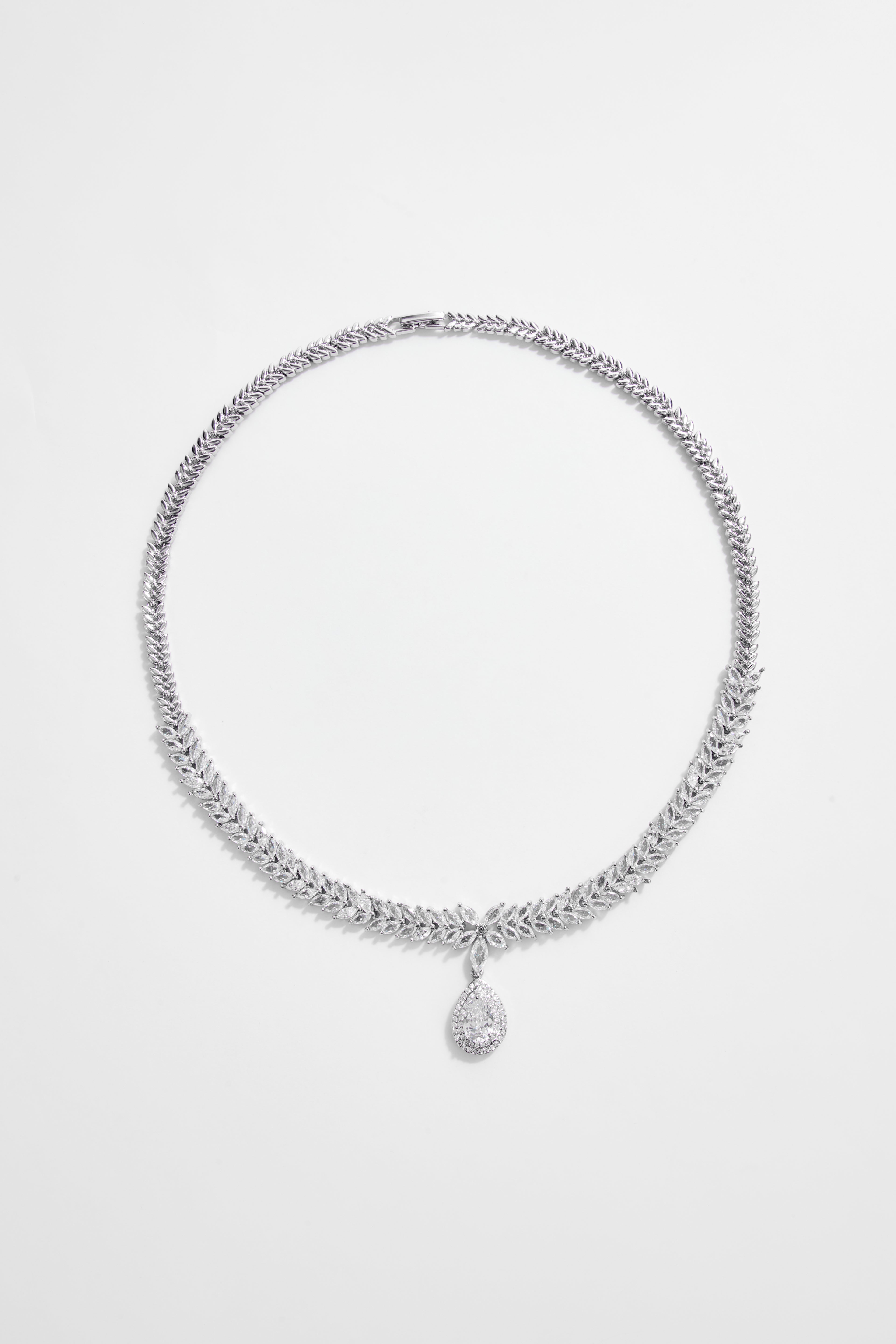 Silver-Plated Leaf Teardrop CZ Choker Necklace & Earrings Set of 4