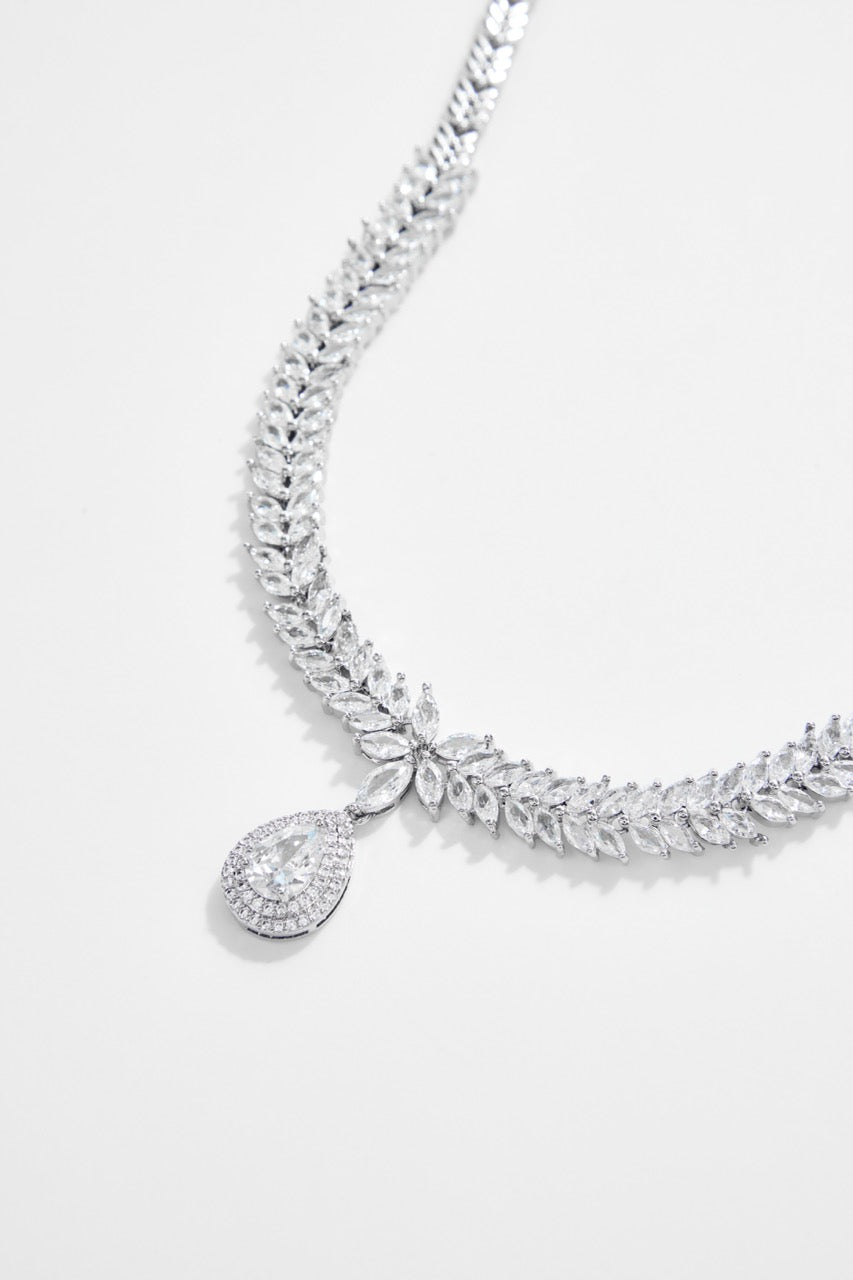 Silver-Plated Leaf Teardrop CZ Choker Necklace & Earrings Set of 4