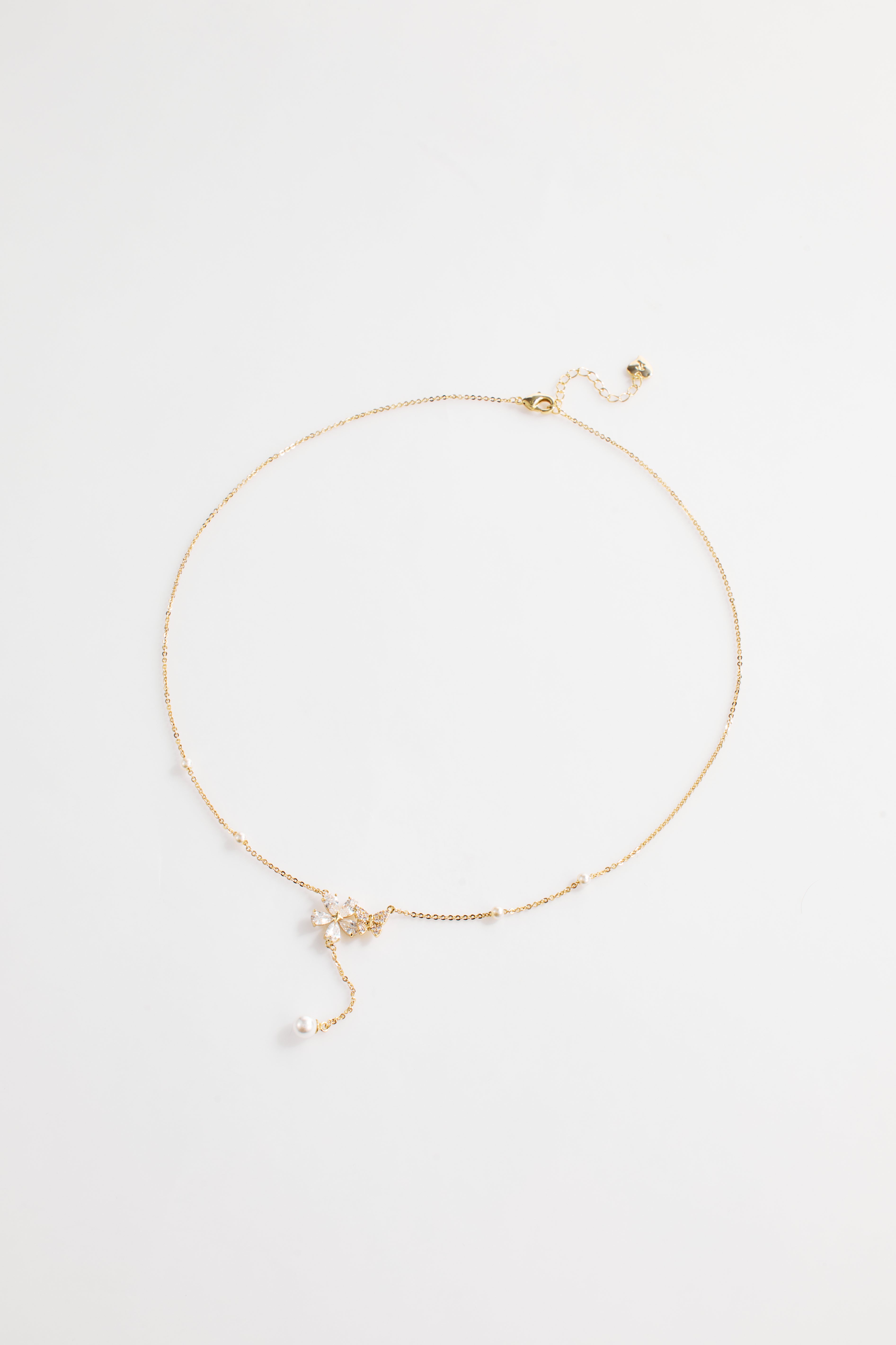Gold-Plated Butterfly and Flower with Hanging Pearl Necklace for Women