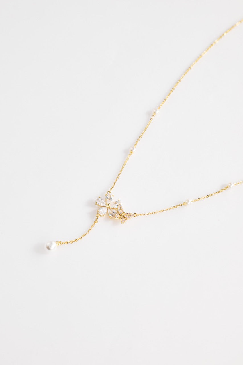 Gold-Plated Butterfly and Flower with Hanging Pearl Necklace for Women
