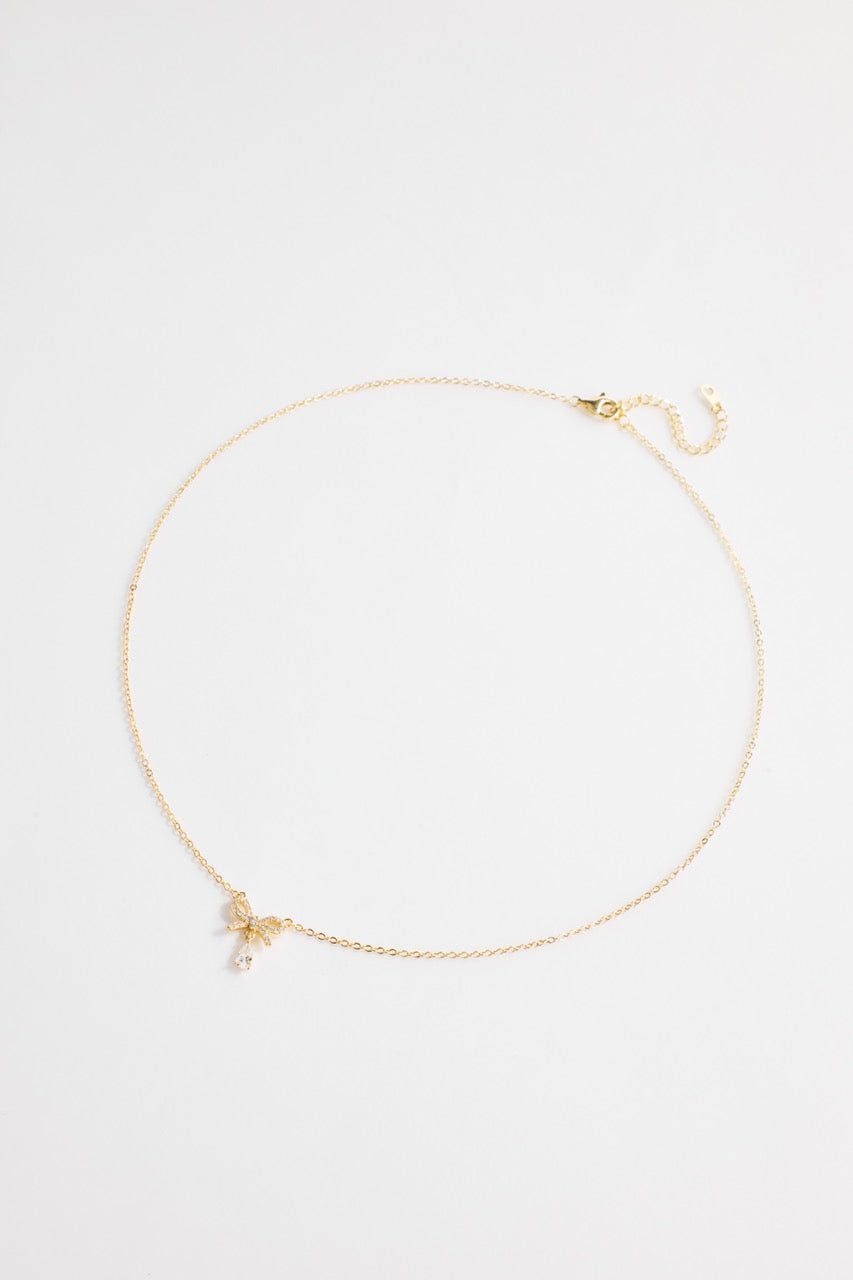 Gold-Plated Bow with CZ stone Necklace for Women