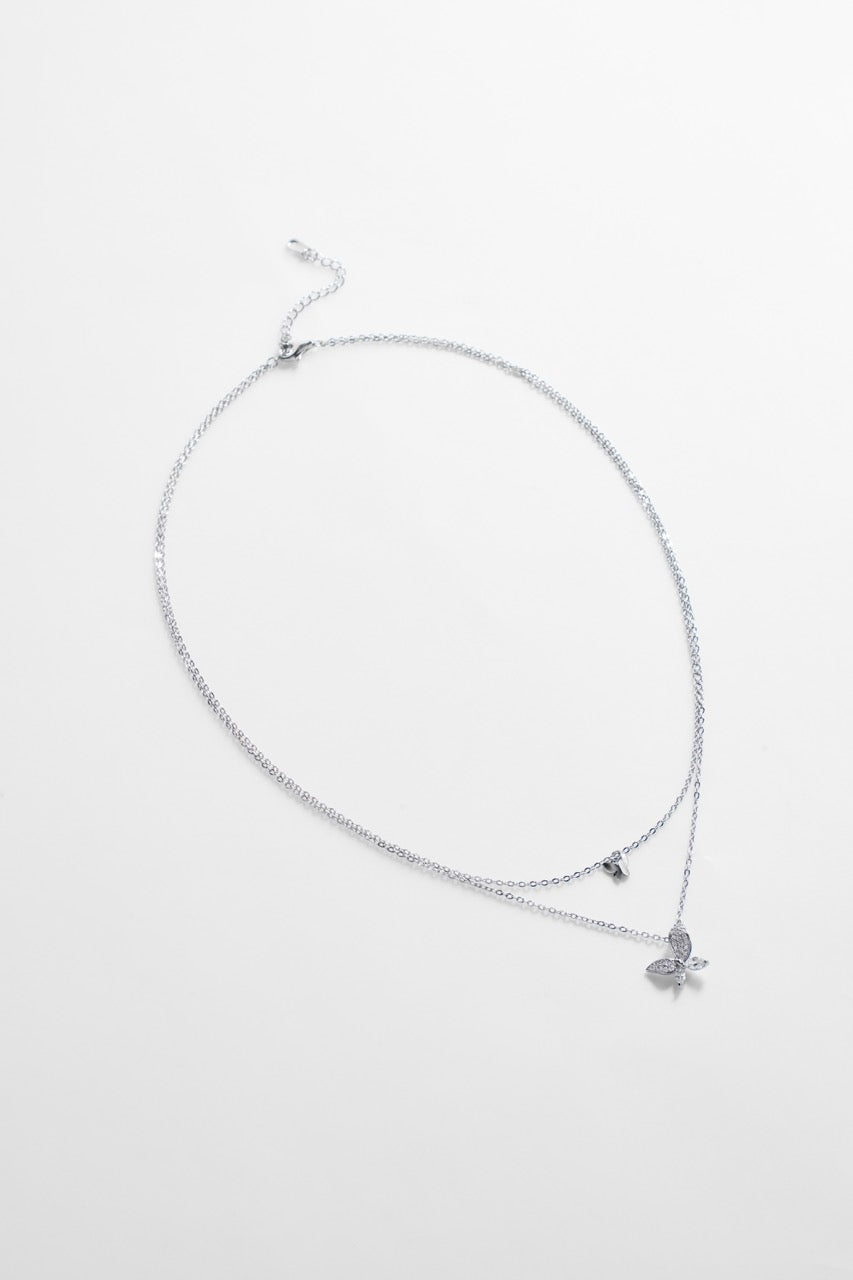 Silver-Plated Layered Necklace with Doouble-Butterfly Pendant for Women