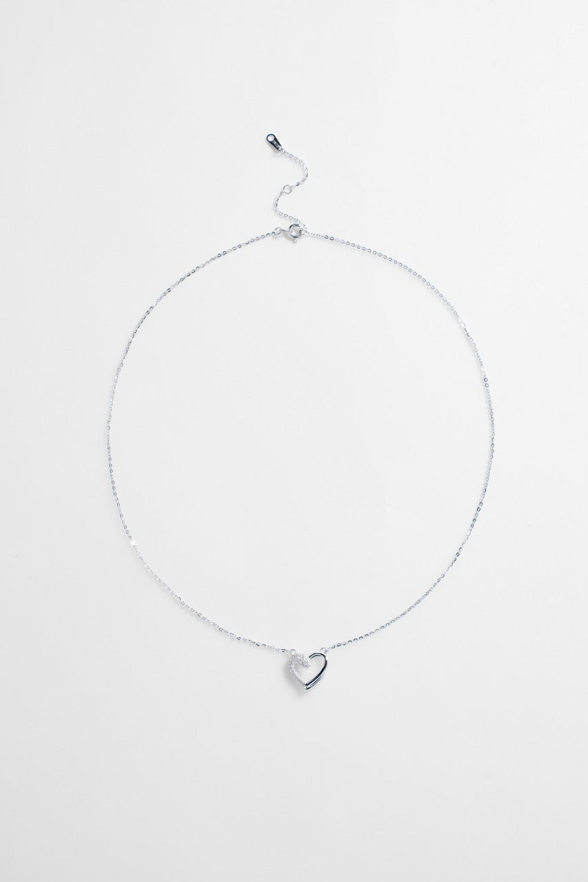 Silver-Plated Open Heart with half CZ Necklace for Women