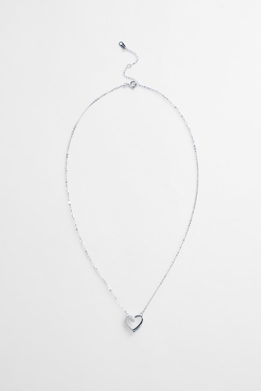 Silver-Plated Open Heart with half CZ Necklace for Women