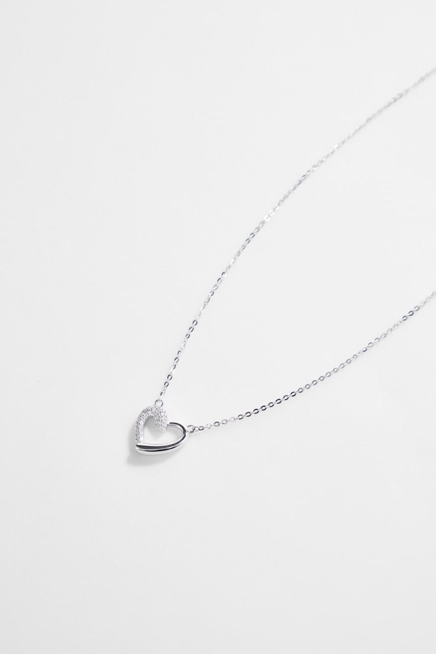 Silver-Plated Open Heart with half CZ Necklace for Women