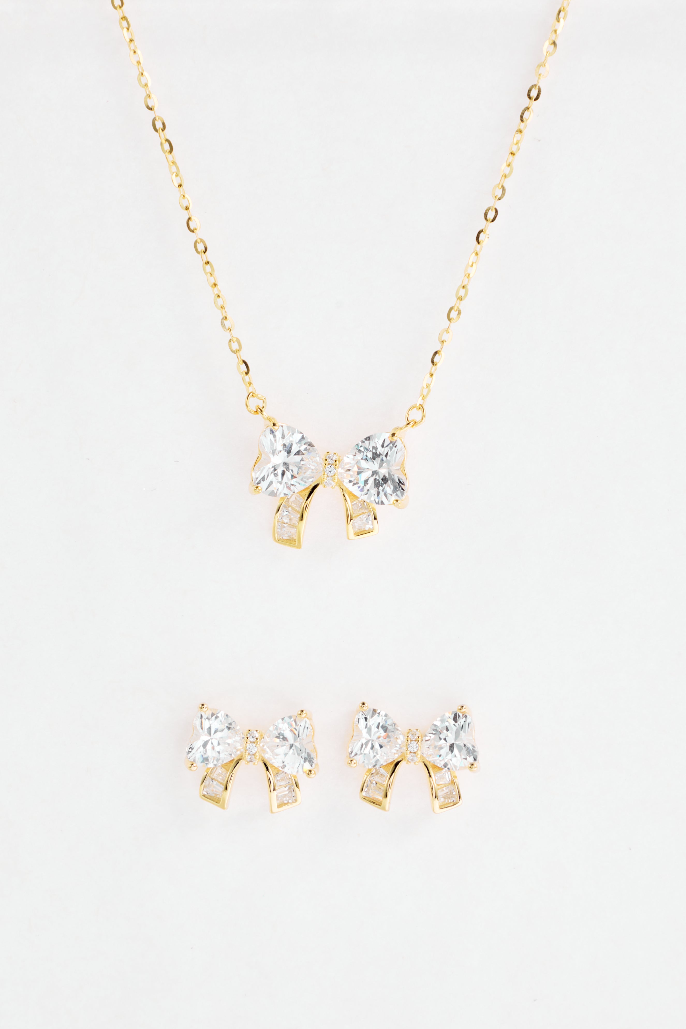 Gold-Plated CZ Bow Design Earrings and Necklace set for Women