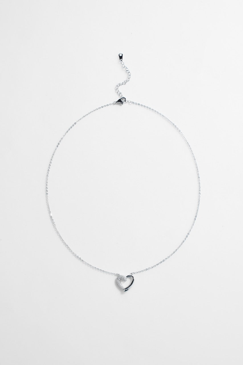 Silver-Plated Heart shaped Half CZ Necklace and Earrings set for Women