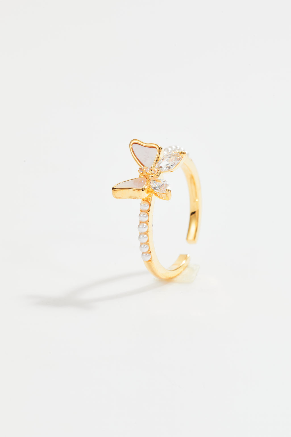 Faux Pearl & Crystal Butterfly Ring for Women