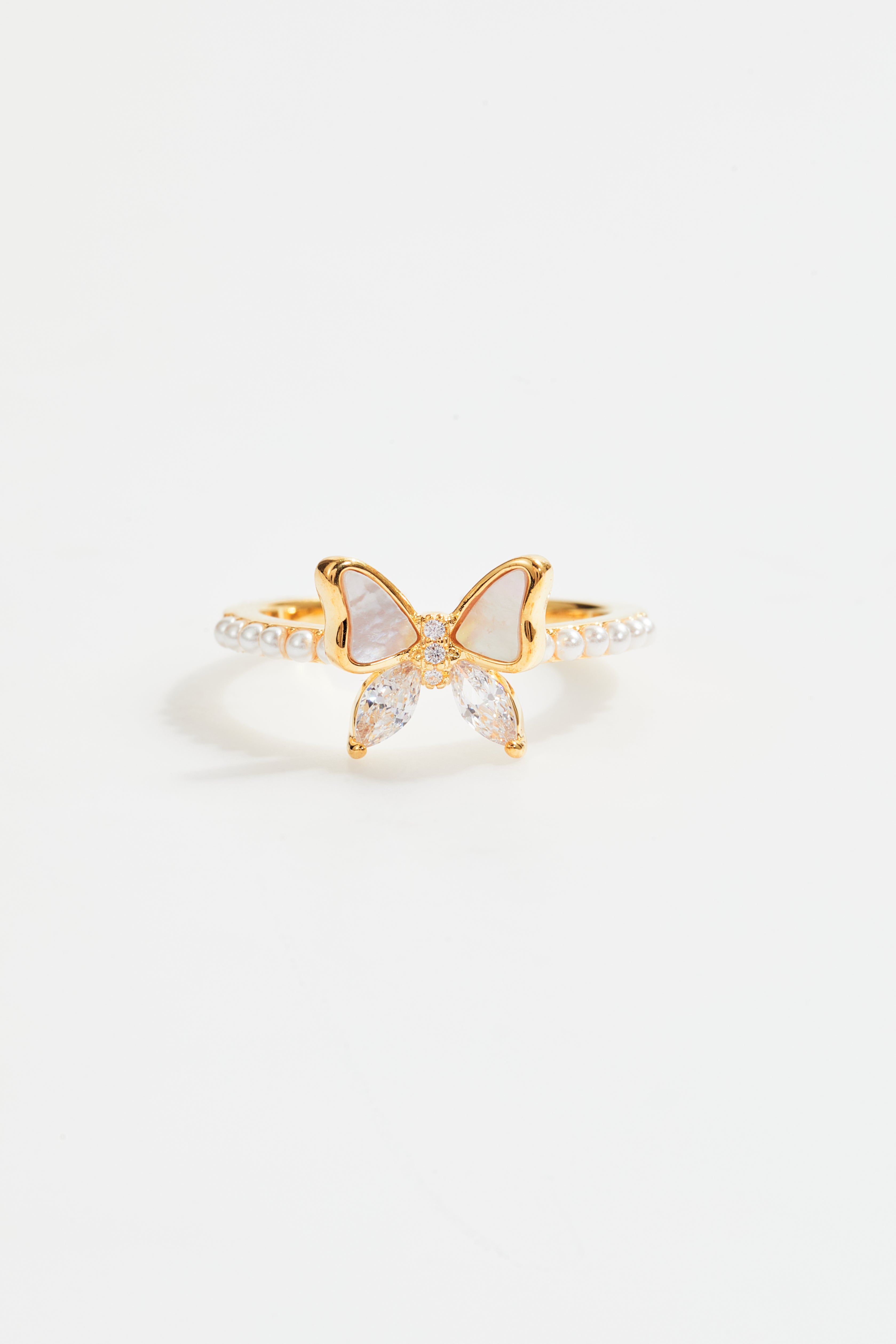 Faux Pearl & Crystal Butterfly Ring for Women
