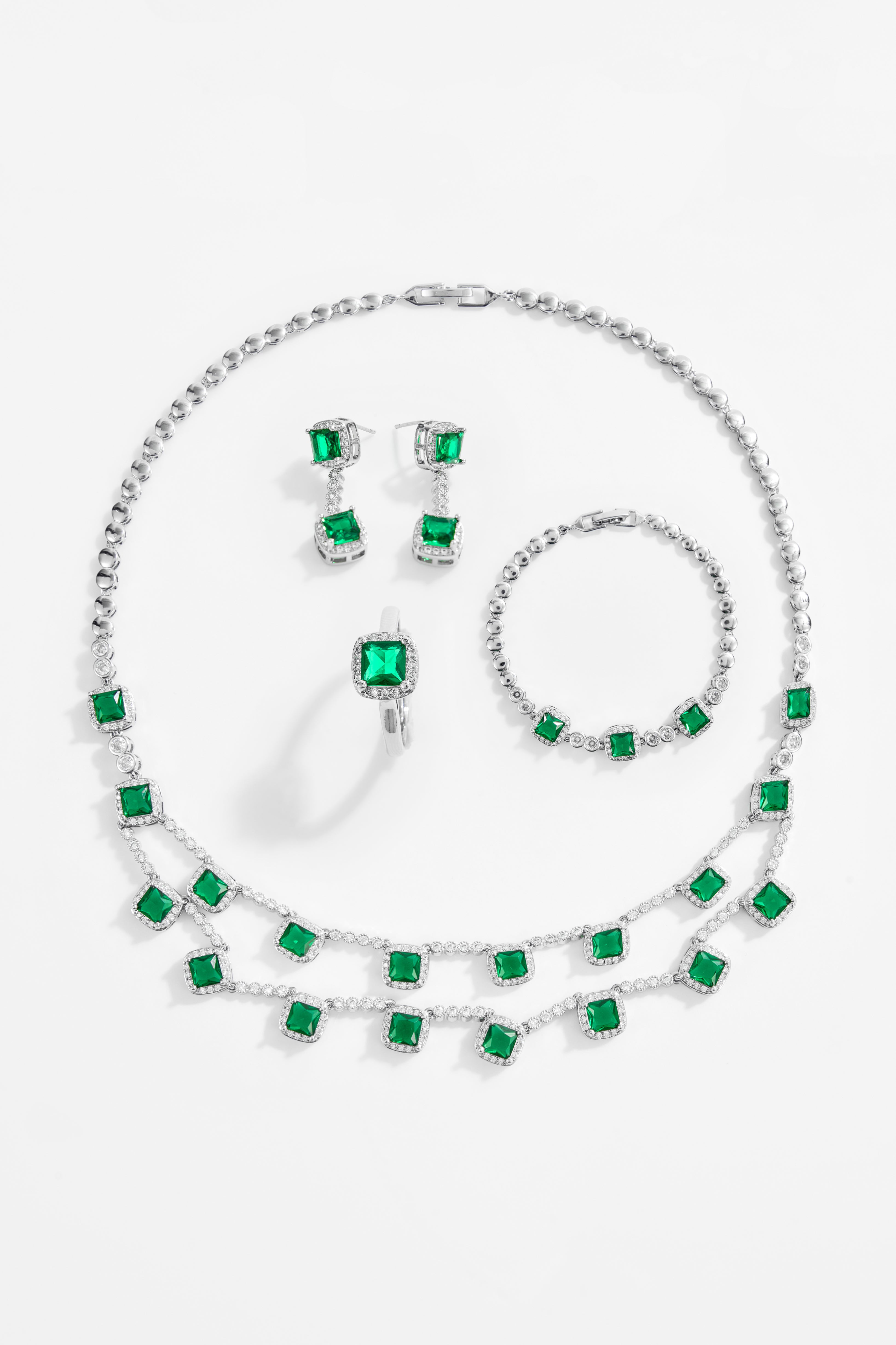 Rhodium-Plated Emerald & White CZ Layered Jewelry Set of 4