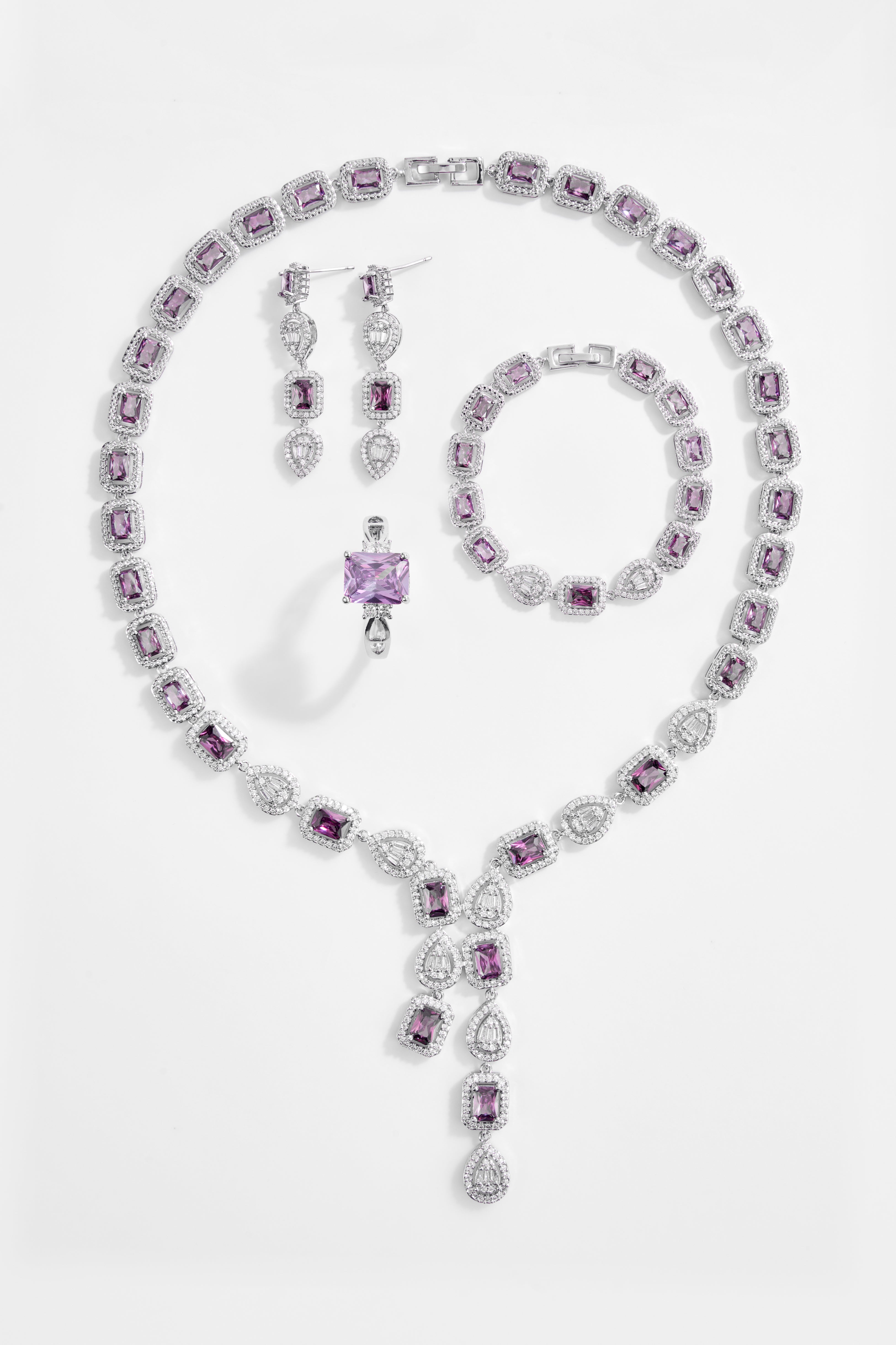 Rhodium-Plated AD Jewelry Set with Purple/Pink Stones of 4