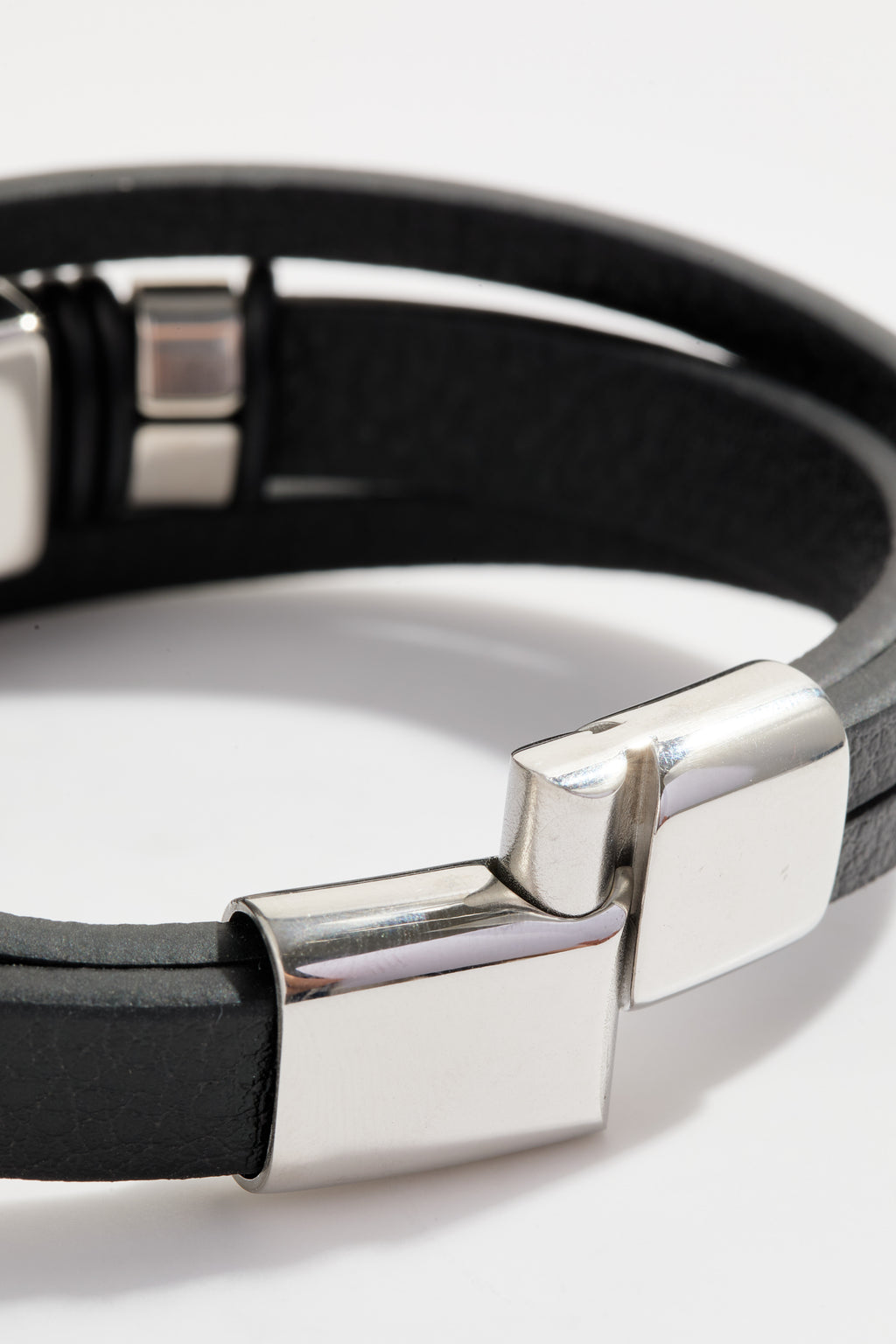 Multi-layered black leather bracelet with compass & magnetic clasp for Men