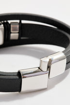 Multi-layered black leather bracelet with compass & magnetic clasp for Men