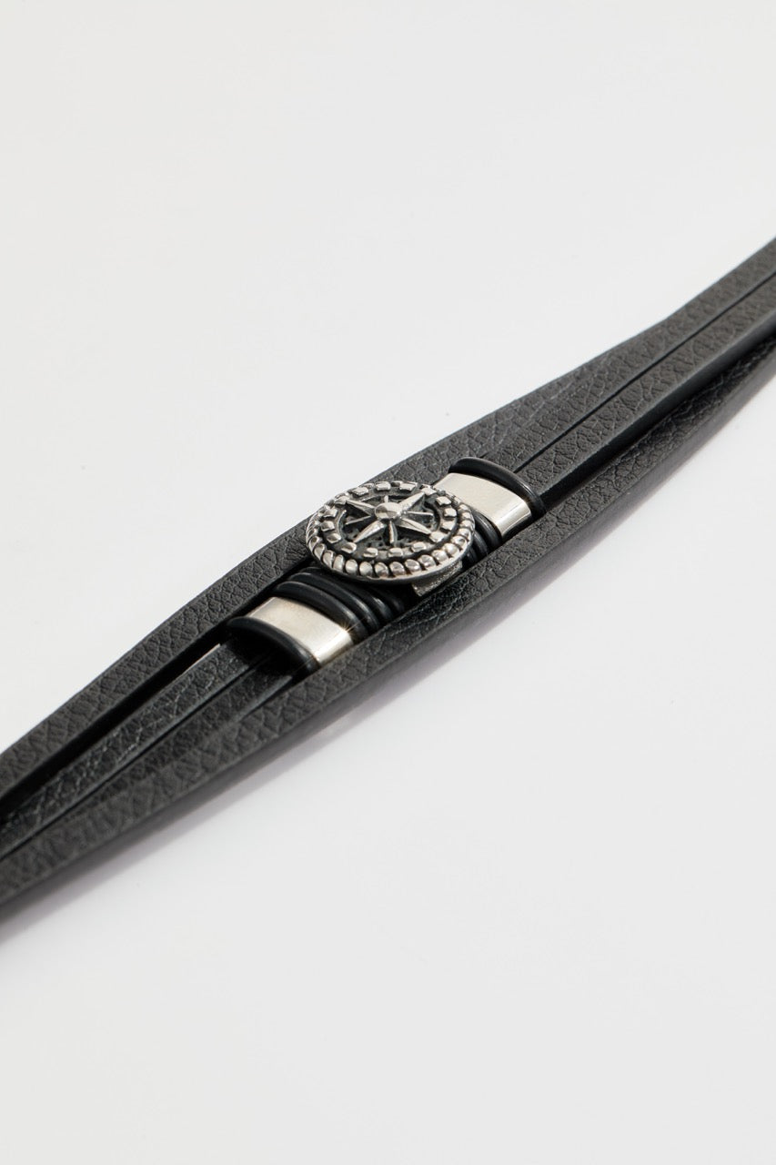 Multi-layered black leather bracelet with compass & magnetic clasp for Men