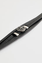 Multi-layered black leather bracelet with compass & magnetic clasp for Men