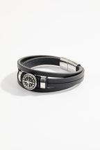 Multi-layered black leather bracelet with compass & magnetic clasp for Men