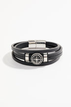Multi-layered black leather bracelet with compass & magnetic clasp for Men