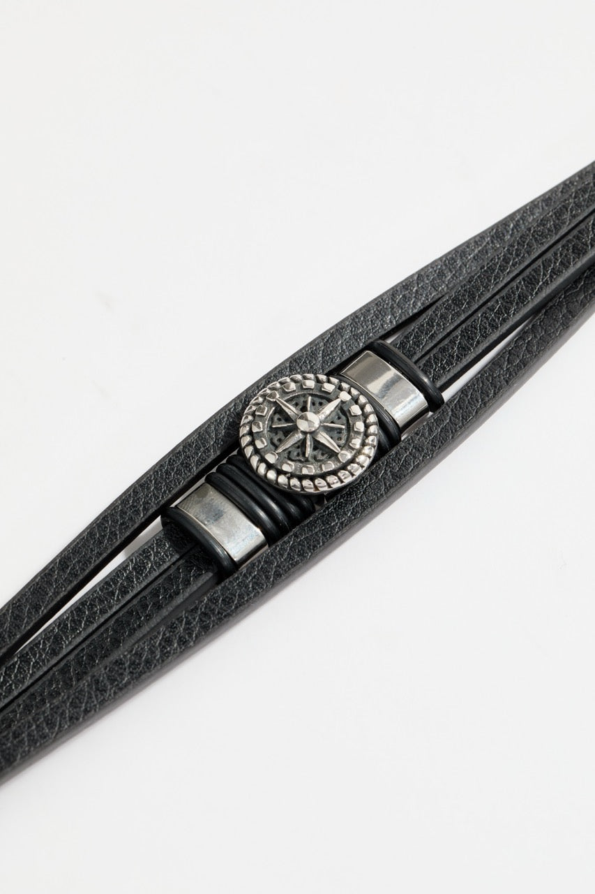 Multi-layered black leather bracelet with compass & magnetic clasp for Men