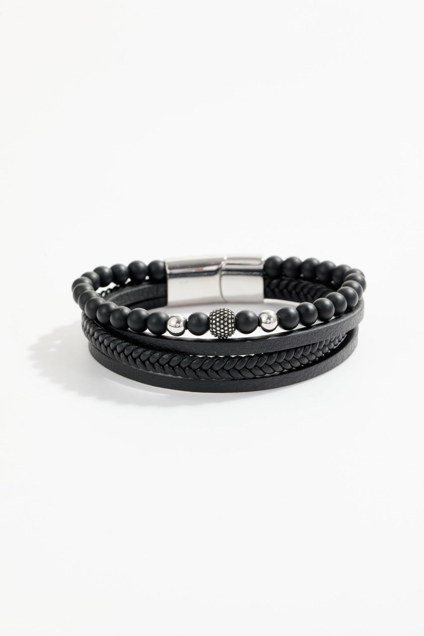 Multi-layered leather bracelet with matte black beads for Men