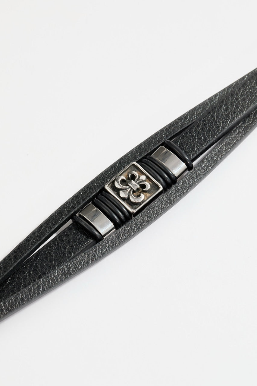 Black faux leather wrap bracelet with Maltese cross charm for Men