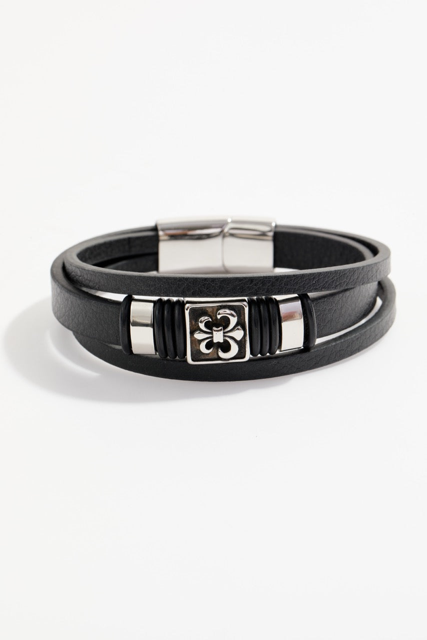 Black faux leather wrap bracelet with Maltese cross charm for Men