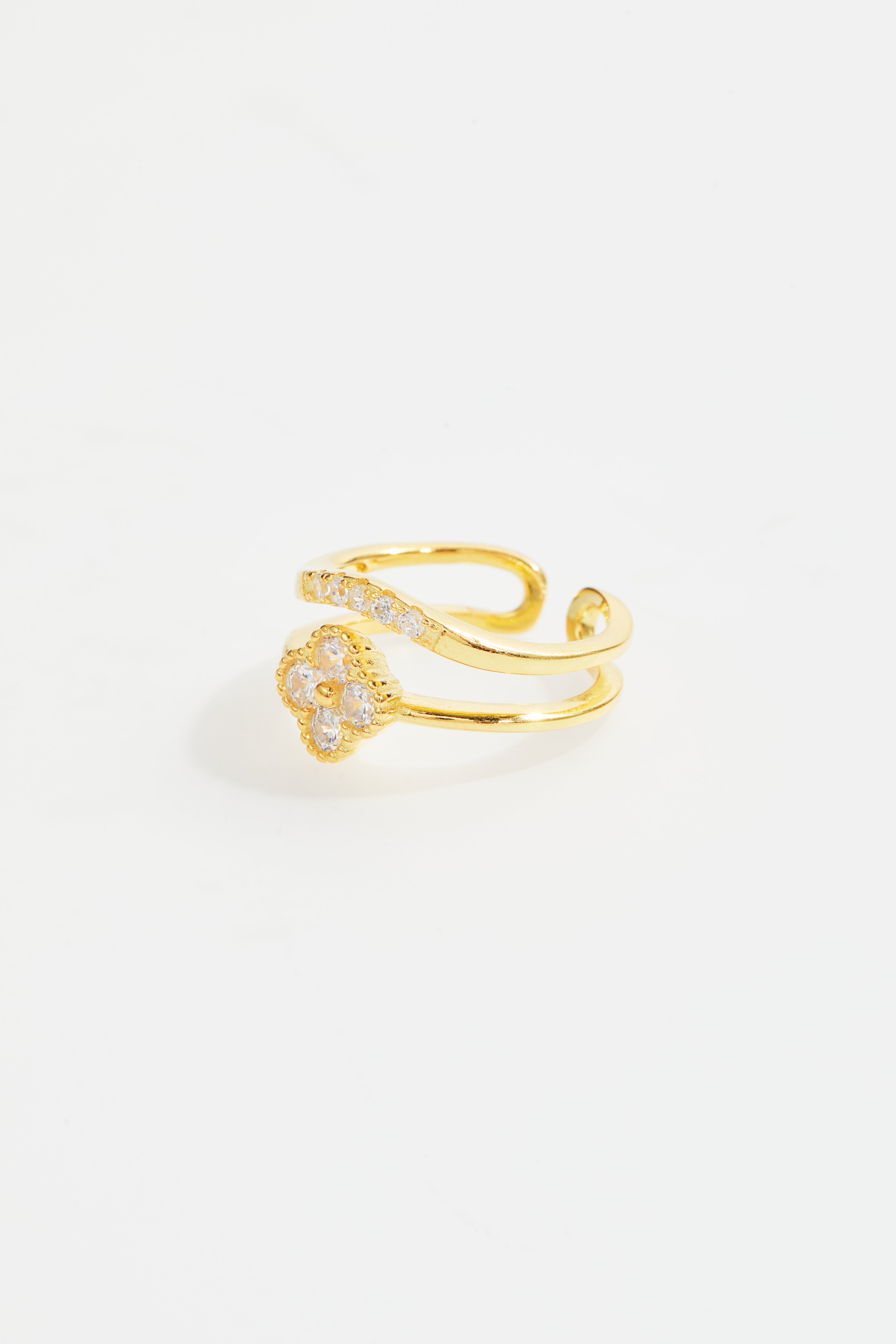 Gold-Plated double clover ring with cubic zirconia stones.